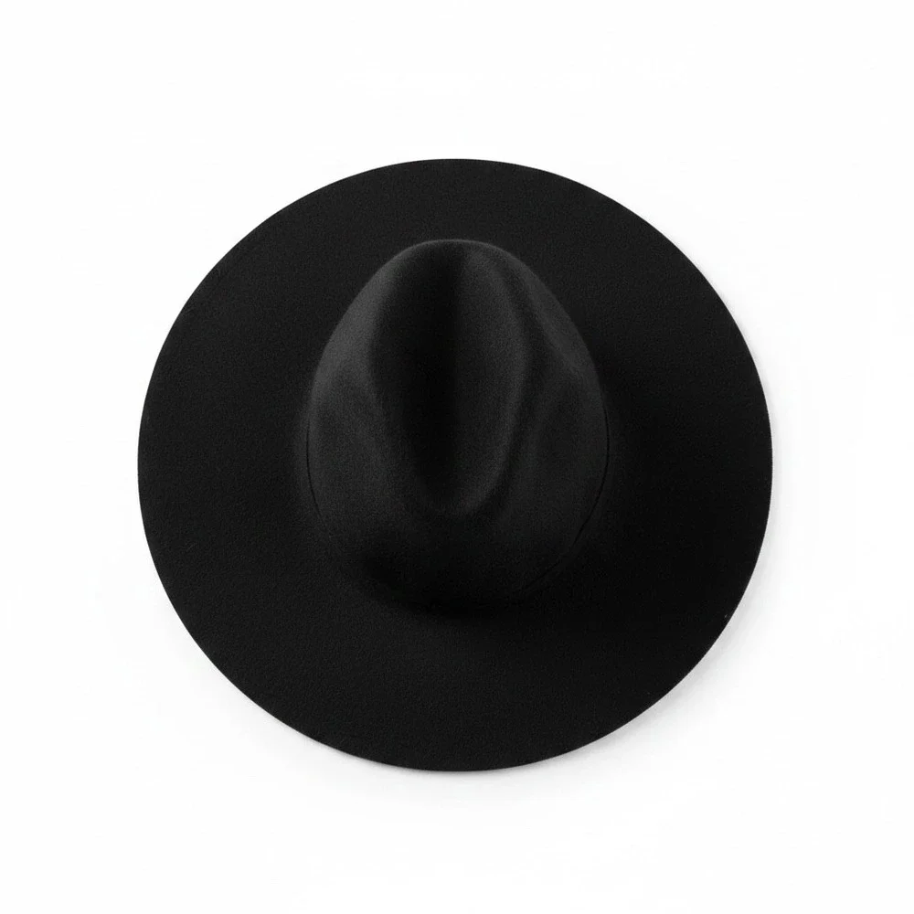 Zara Black‎ Wide Brim Fedora Hat Wool Felt Pinched Crown Buckle Band Size M 58cm